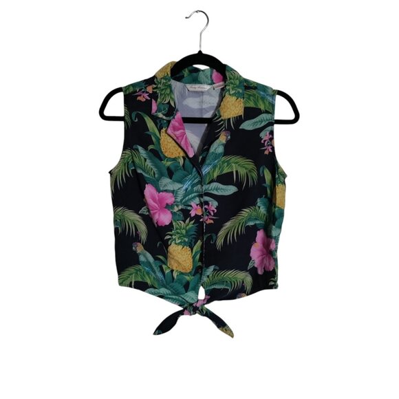 Tommy‎ Bahama 100% Silk Black Tropical Floral Parrot Button  Tie Blouse Top 10 - Picture 1 of 8